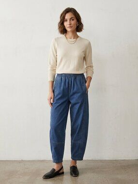 Max Studio Piqué Barrel Leg Ankle Pants Blue Pockets High Rise Pull On Jeans 28